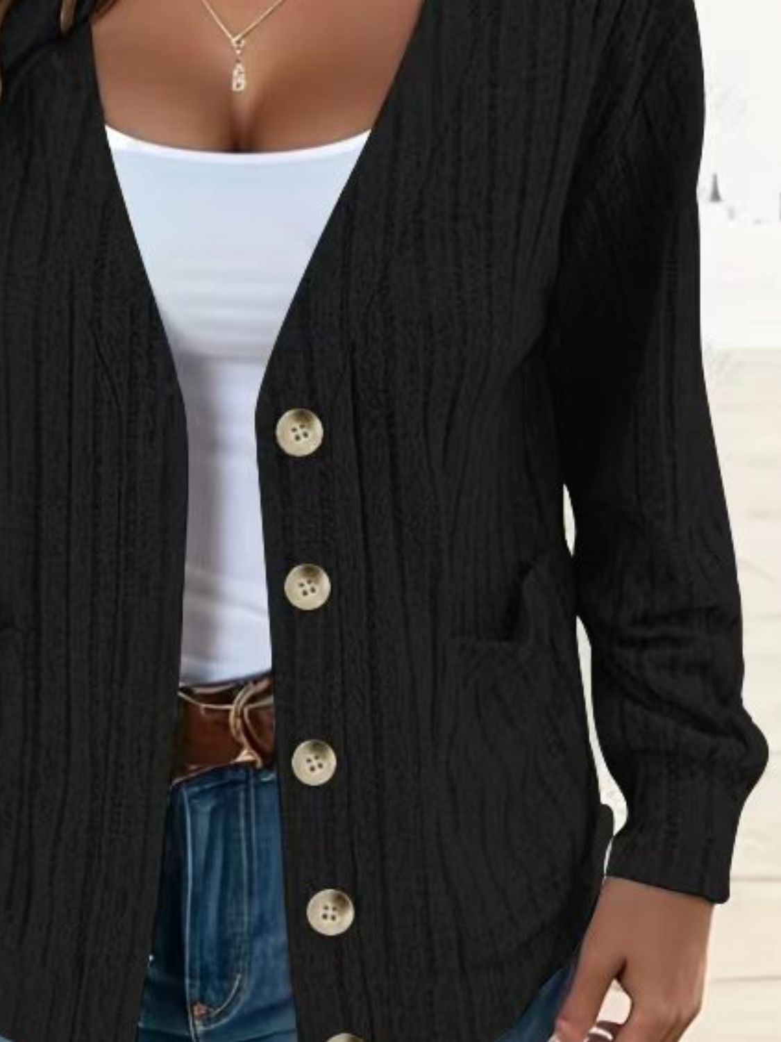 Full Size Button Up V-Neck Long Sleeve Cardigan - felvior