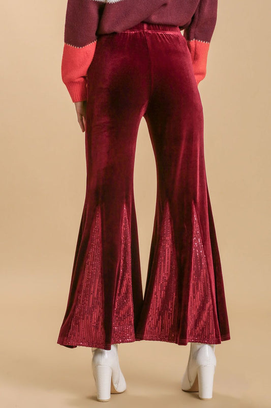 Umgee Full Size Sequin Elastic Waist Velvet Stretch Flare Leg Pants Plus Size - felvior