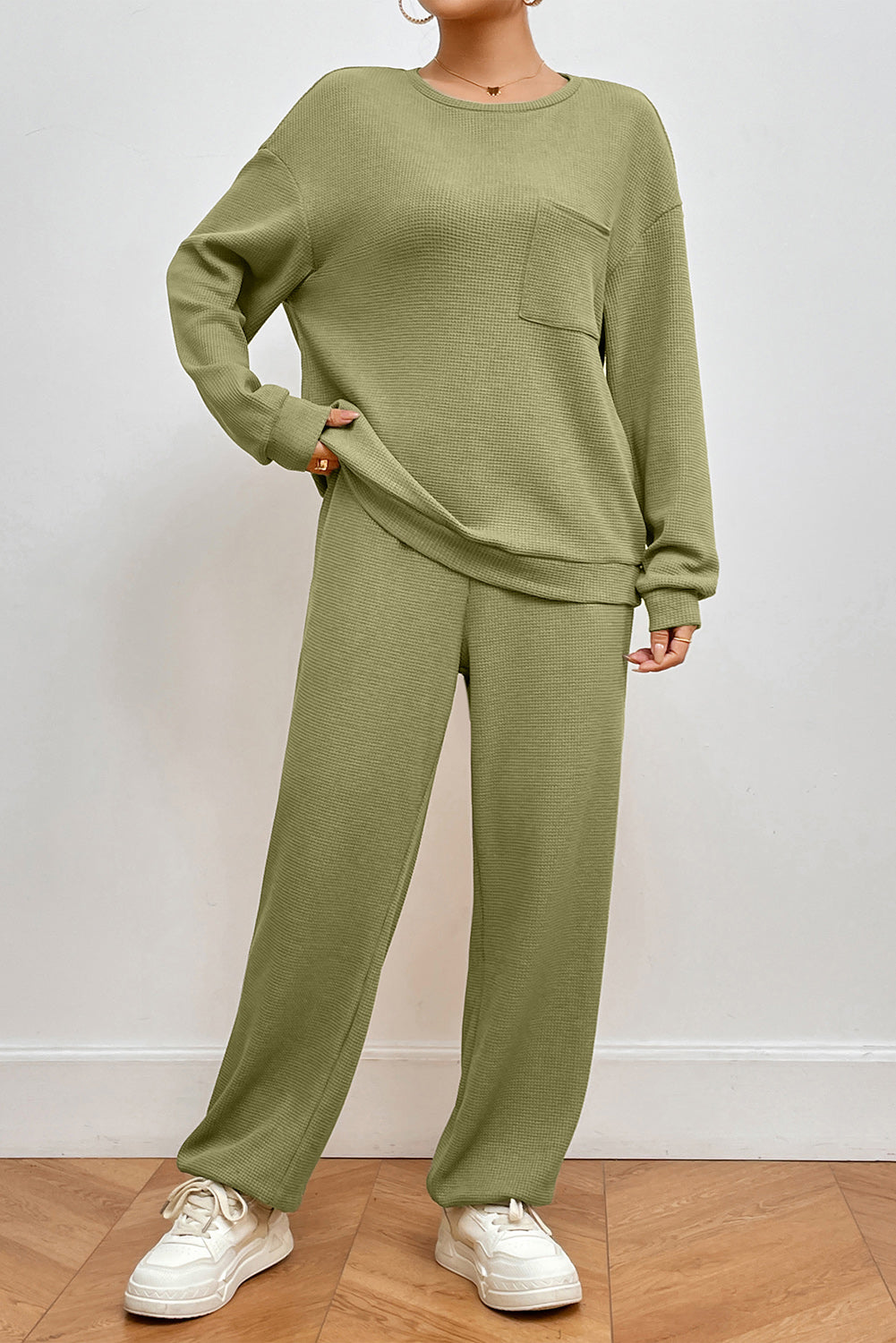 Pocketed Round Neck Top and Pants Lounge Set Main image