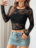 Round Neck Long Sleeve Lace Sheer Top - felvior