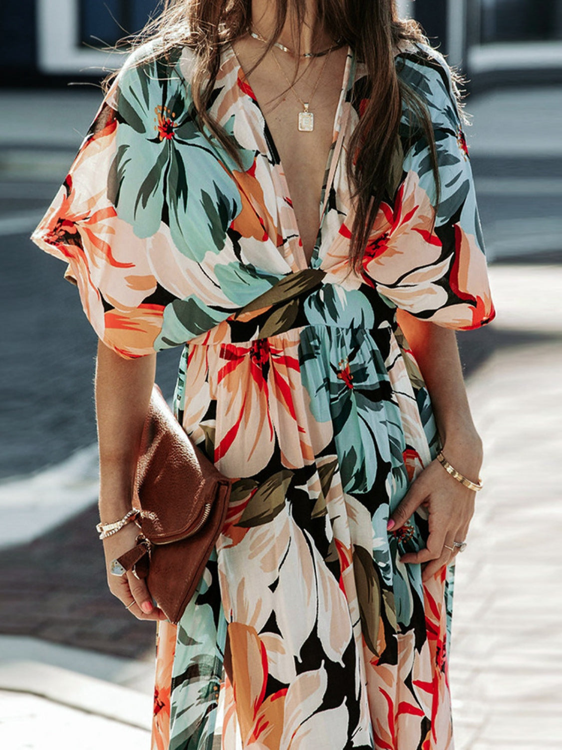 Floral Plunge Half Sleeve Dress - felvior