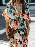 Floral Plunge Half Sleeve Dress - felvior