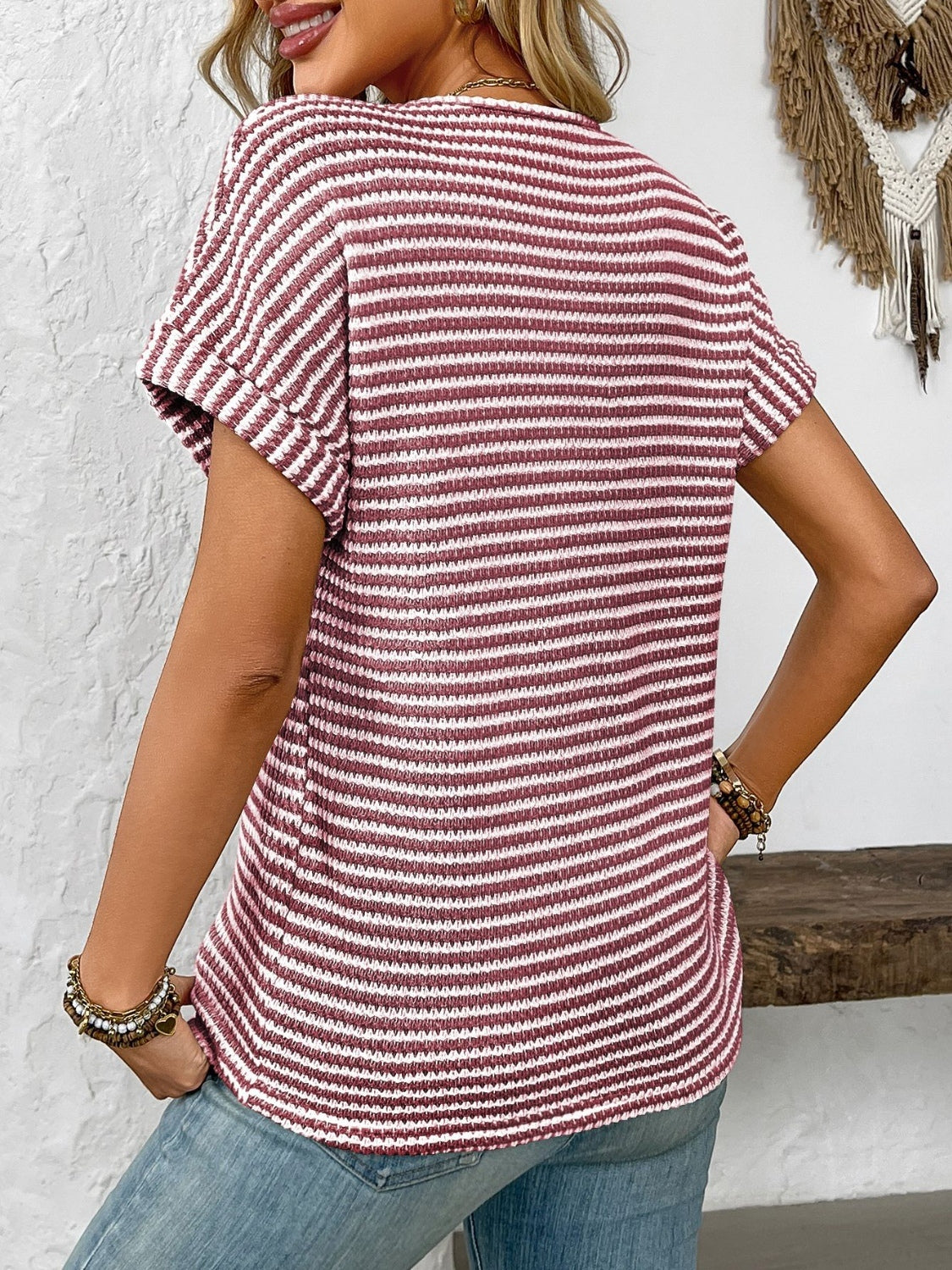 Striped Notched Short Sleeve T-Shirt