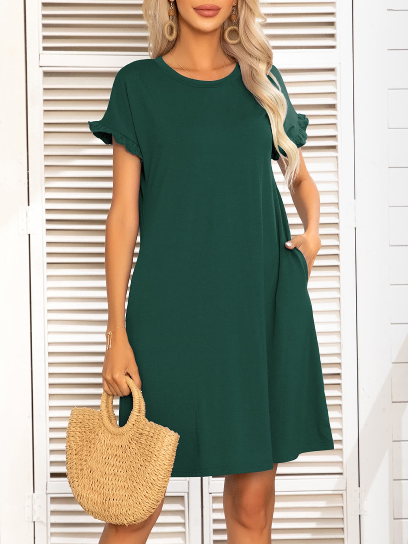 Round Neck Flounce Sleeve Dress with Pockets - felvior