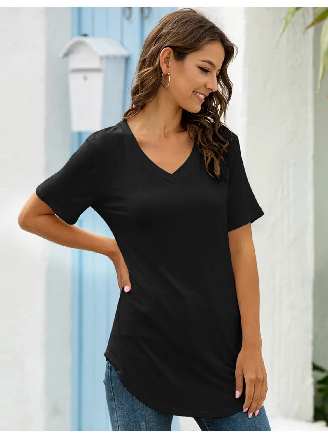 Full Size Solid V-Neck Short Sleeve T-Shirt Plus Size - felvior