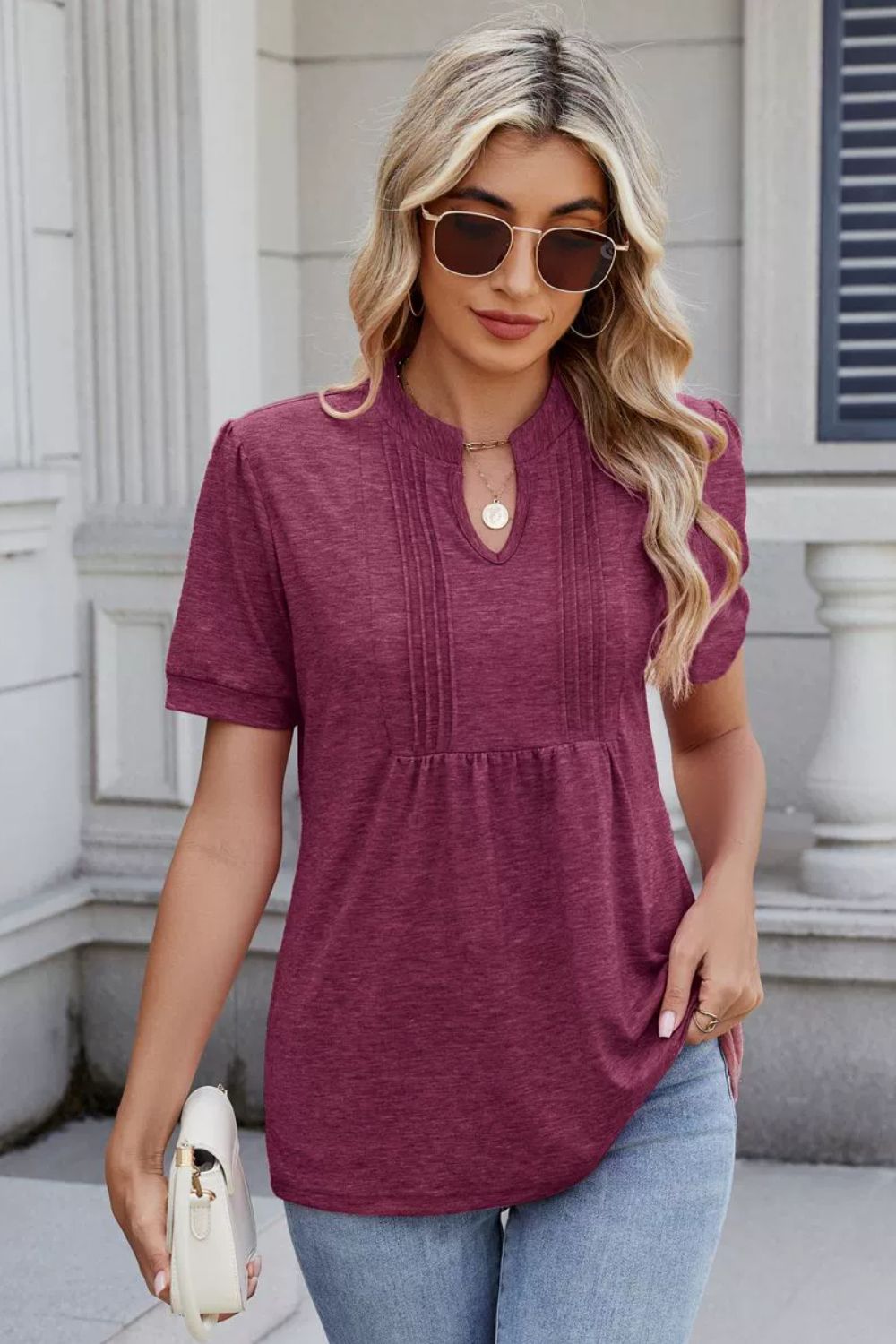 Notched Short Sleeve Solid Color Top - felvior