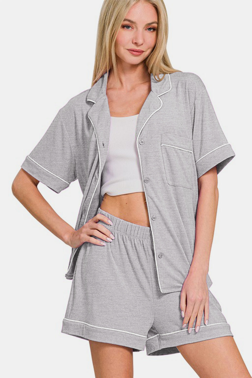 Zenana Button Down Short Sleeve Top and Shorts Lounge Set - felvior
