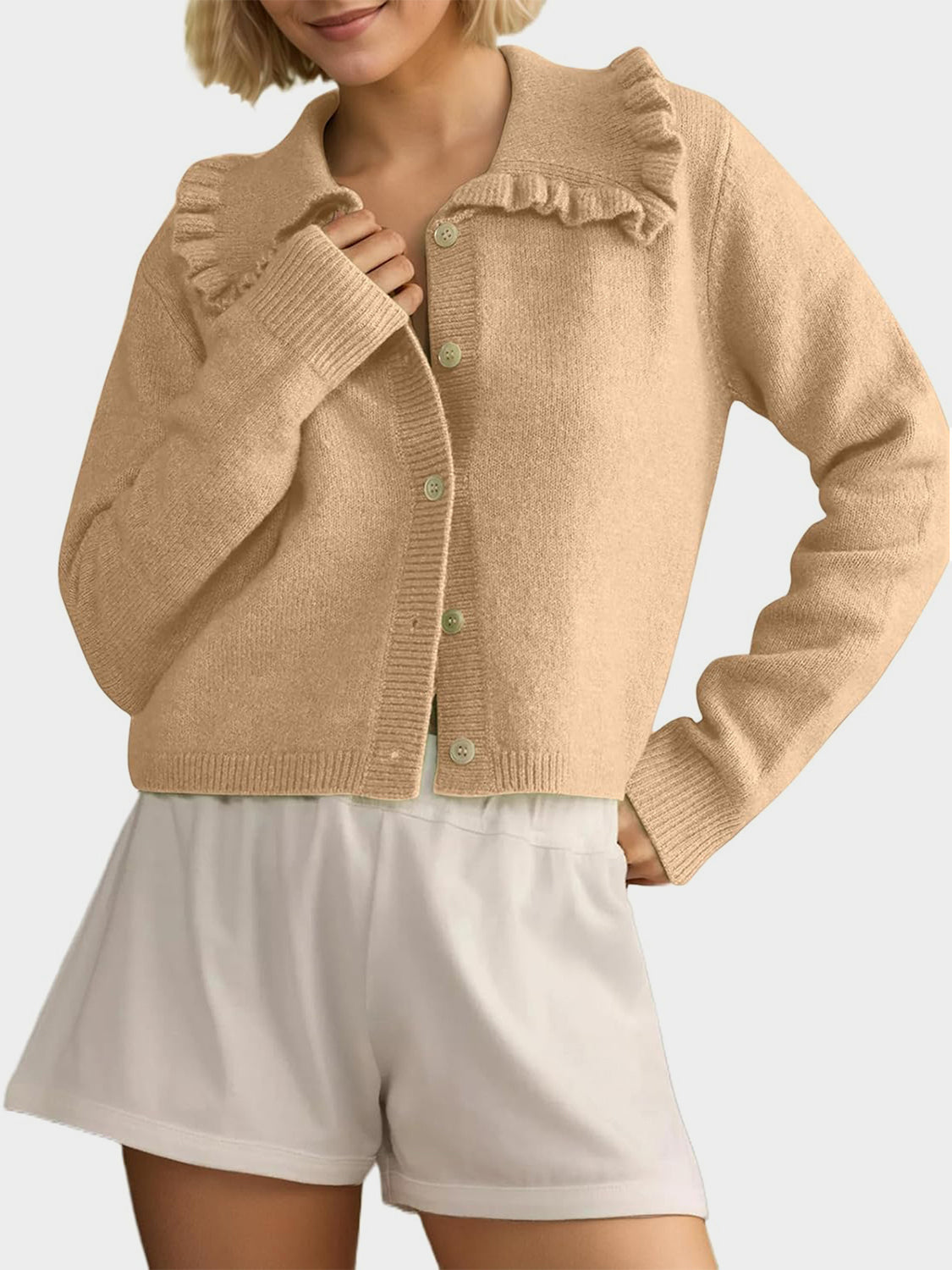 Frill Button Up Collared Neck Long Sleeve Cardigan - felvior