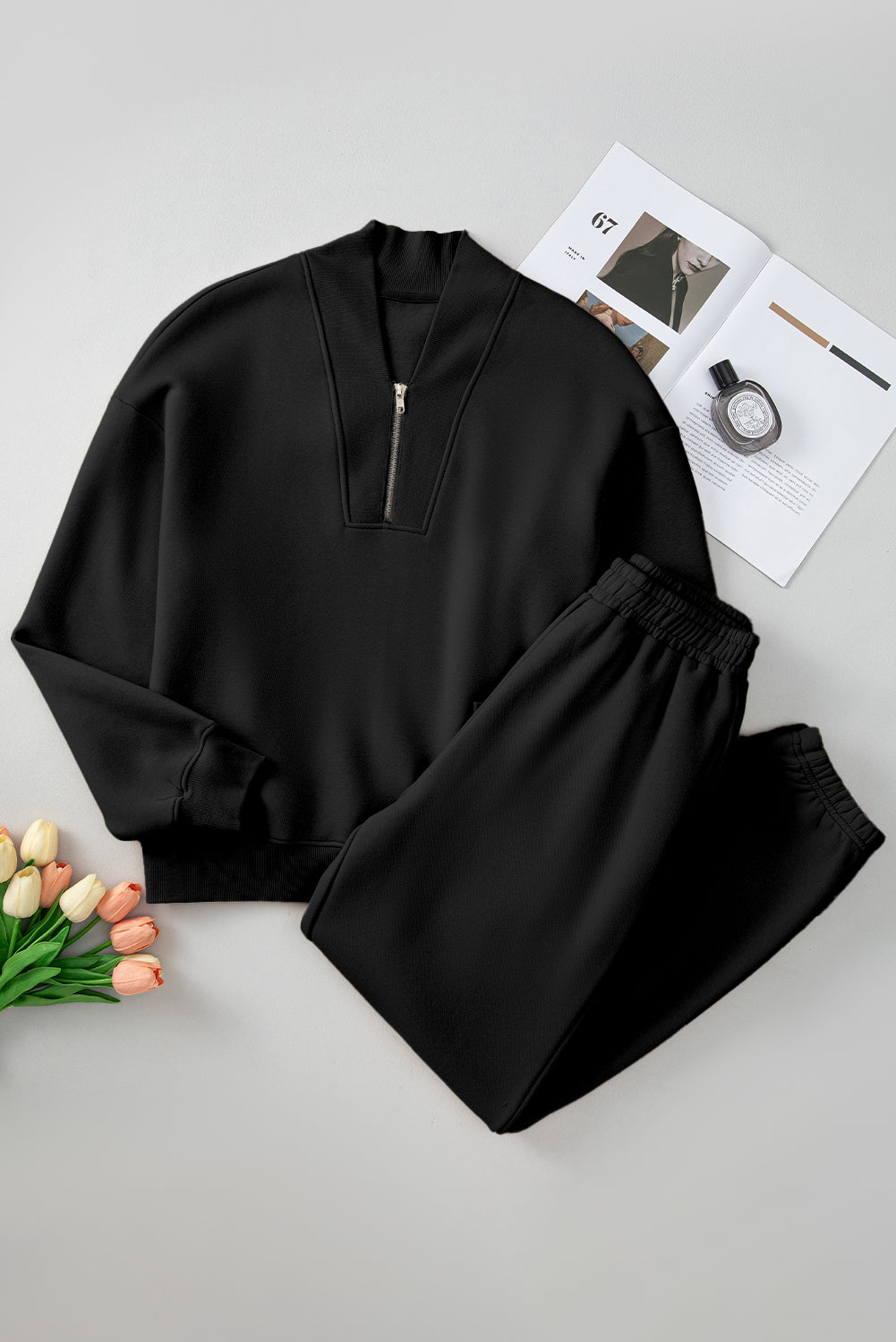 Quarter Zip Long Sleeve Top and Pants Set - felvior