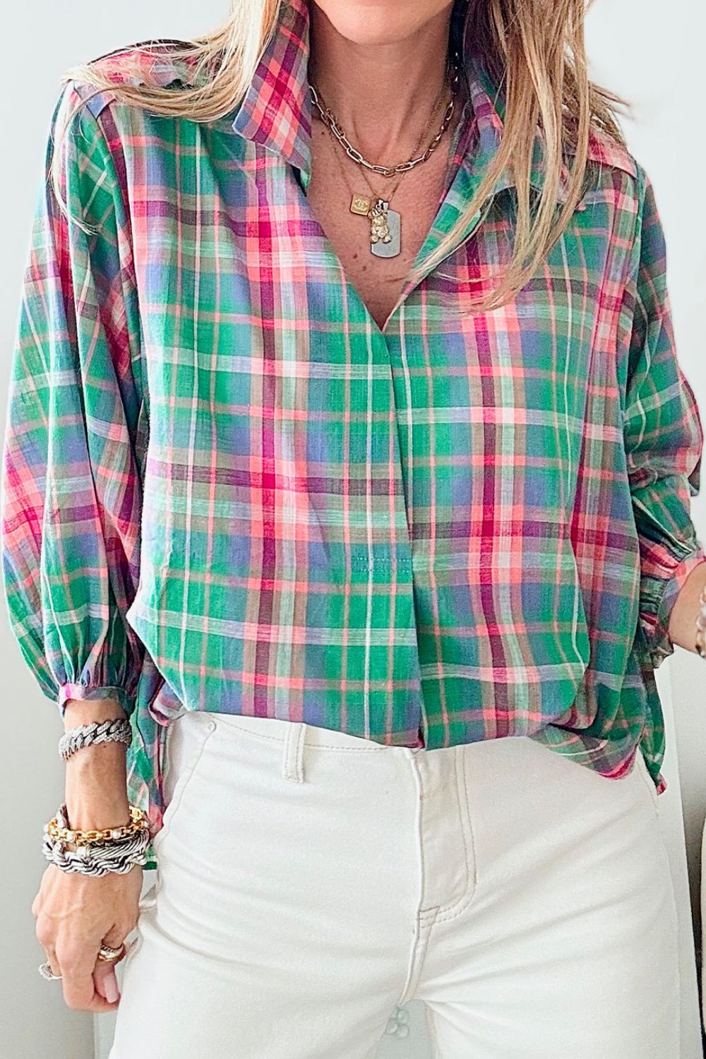 Plaid Collared Neck Three-Quarter Sleeve Shirt Hauptbild