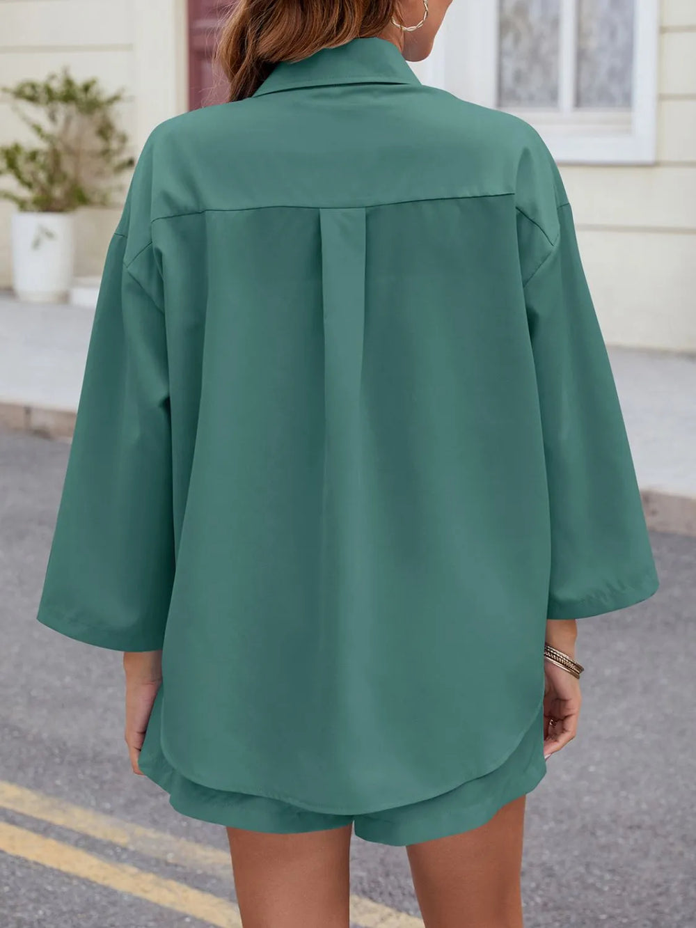 Button Up Long Sleeve Top and Shorts Set