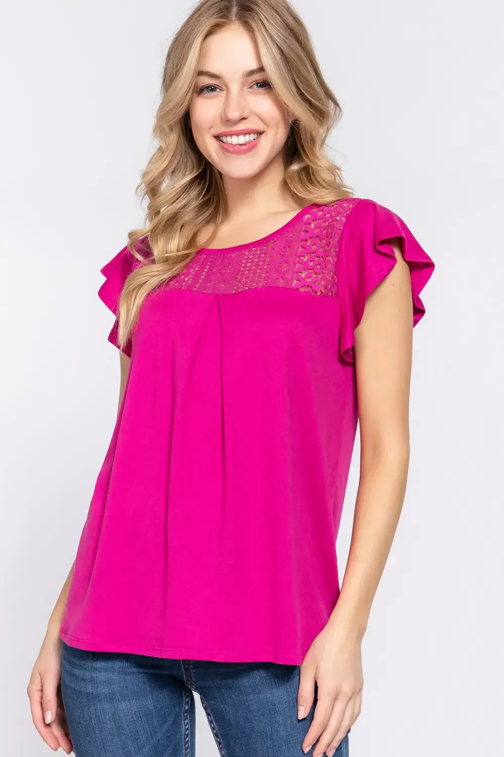 ACTIVE BASIC Ruffle Short Sleeve Lace Detail Knit Top Hauptbild