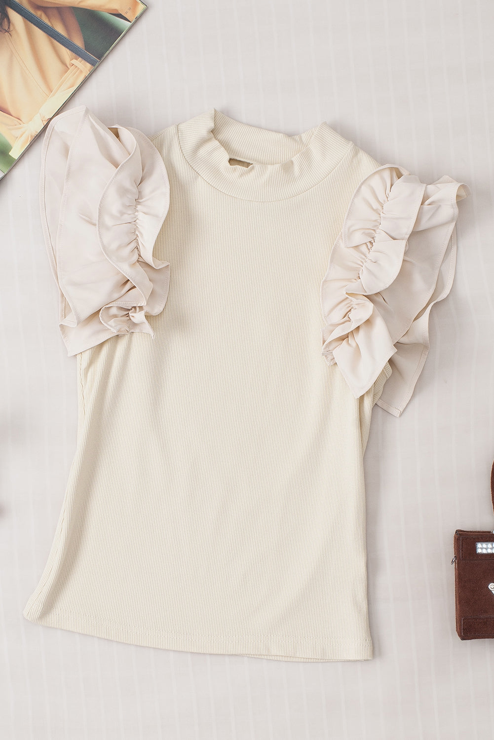 Ruffle Flutter Sleeve Mock Neck Ribbed Top - felvior