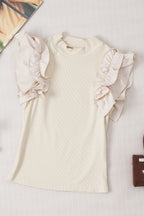 Ruffle Flutter Sleeve Mock Neck Ribbed Top