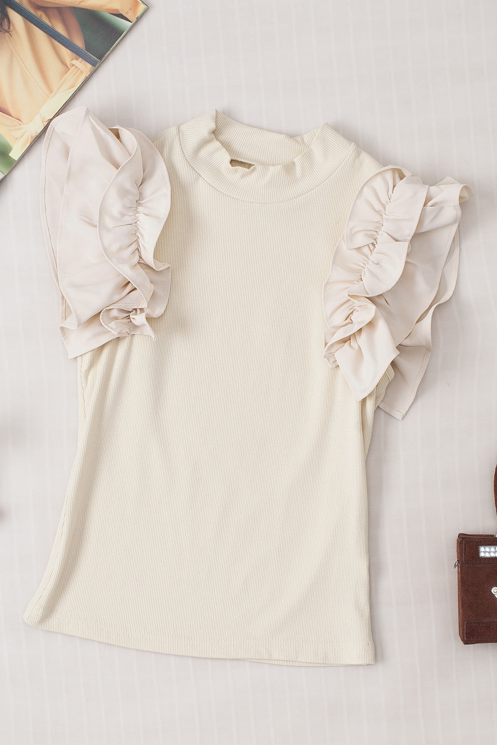 Ruffle Flutter Sleeve Mock Neck Ribbed Top