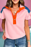 Color Block Half Buttoned Ruffled Short Sleeve T Shirt - felvior