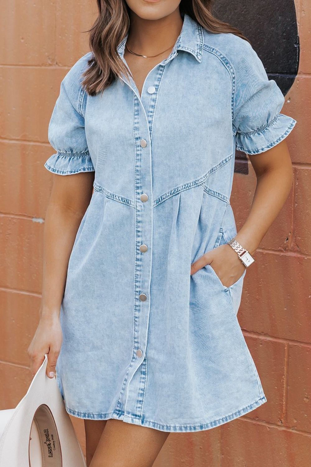 Mineral Wash Ruffle Sleeve Denim Dress - felvior