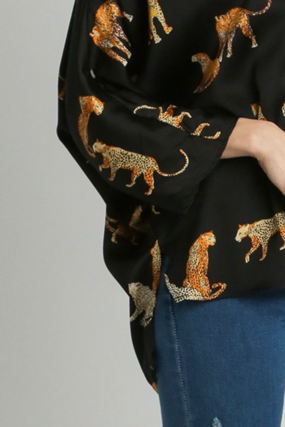 Umgee Full Size High-Low Satin Animal Print V-Neck Blouse Plus Size