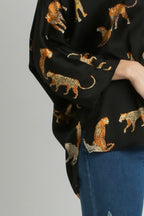 Umgee Full Size High-Low Satin Animal Print V-Neck Blouse Plus Size