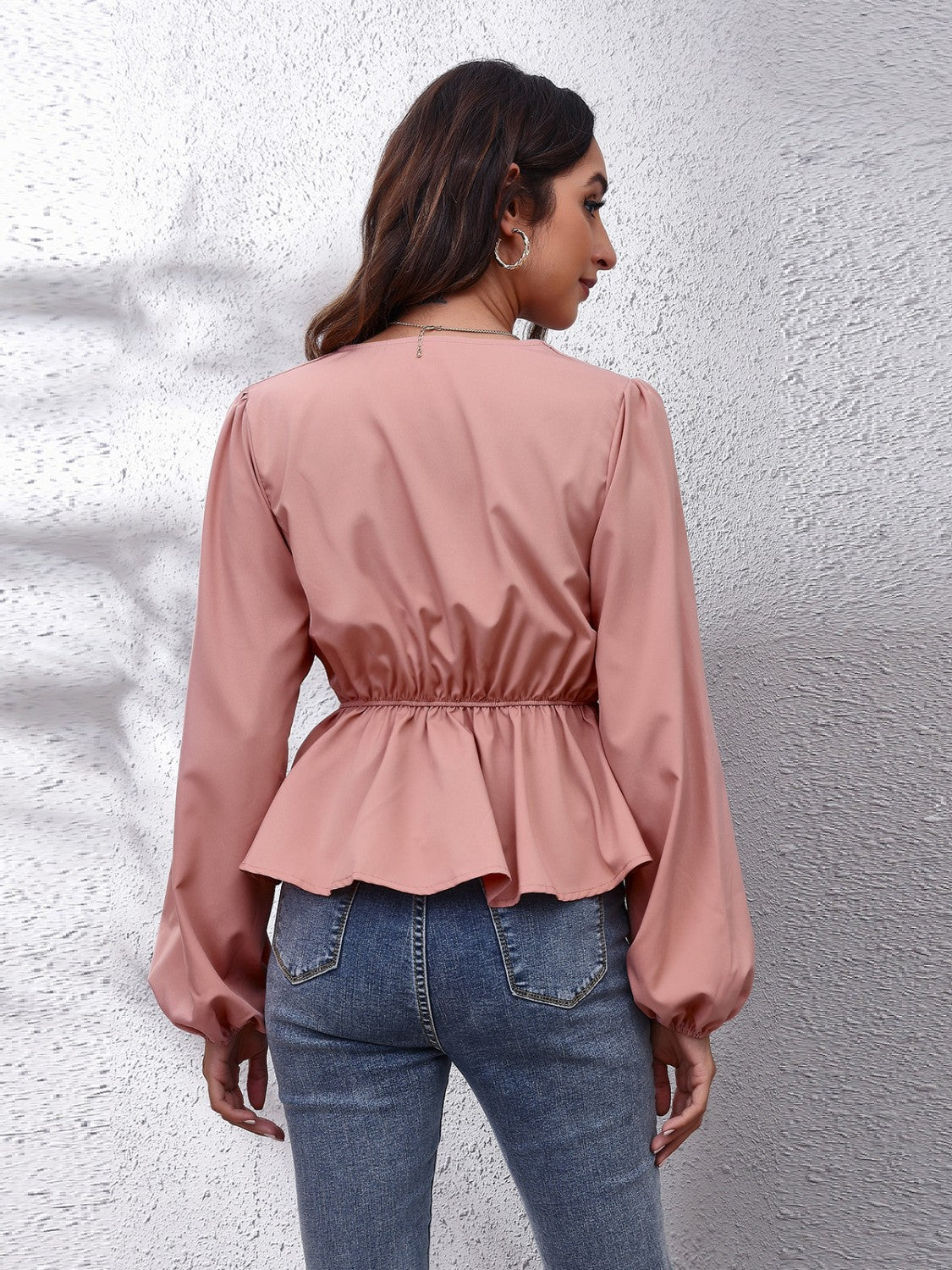 V-Neck Balloon Sleeve Peplum Blouse - felvior