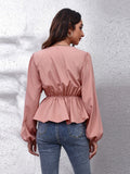 V-Neck Balloon Sleeve Peplum Blouse - felvior