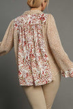 Umgee Full Size Mixed Print Metallic Detail Long Ruffle Sleeve Button Down Shirt Plus Size - felvior