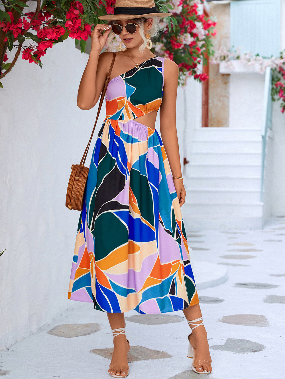 Printed Cutout One-Shoulder Sleeveless Dress - felvior