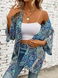 Printed Open Front Three-Quarter Sleeve Cover Up - felvior
