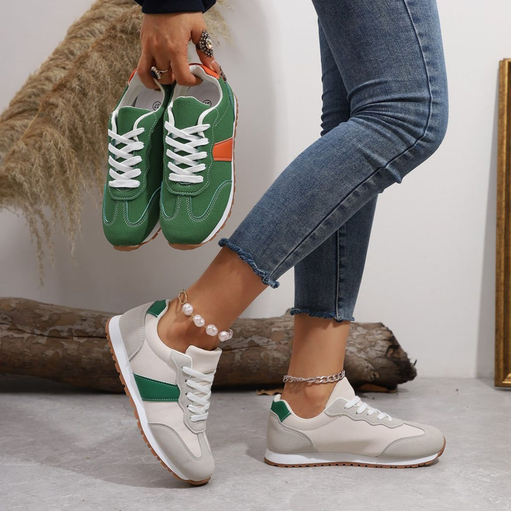 PU Leather Contrast Round Toe Flats Sneakers - felvior