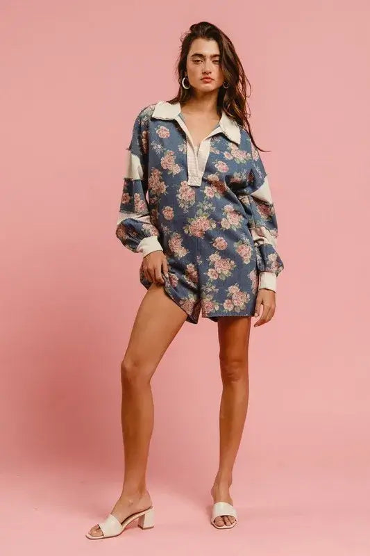 BiBi Washed Floral Denim Romper With Contrast Collar
