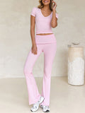 Devine V-Neck Top and Bootcut Leggings Set - felvior