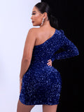 Sequin One-Shoulder Tulip Hem Bodycon Dress - felvior