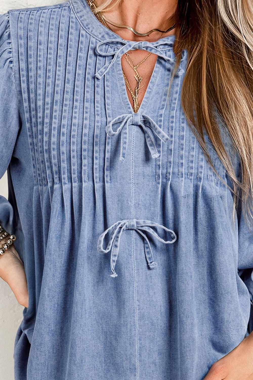 Bow Tie Long Sleeve Denim Top - felvior