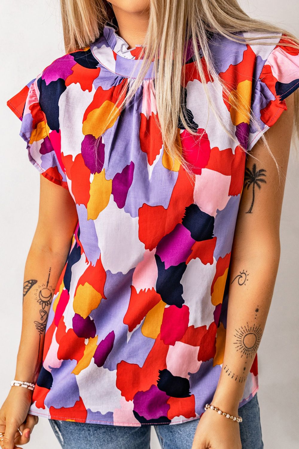 Frill Printed Mock Neck Cap Sleeve Blouse