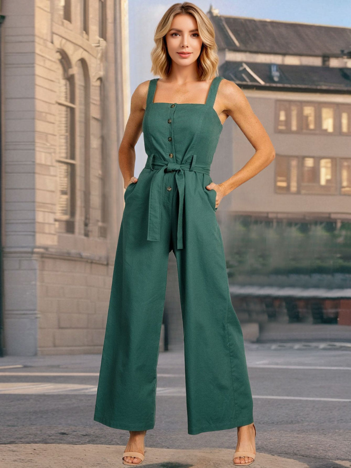 Button Detail Wide Strap Jumpsuit