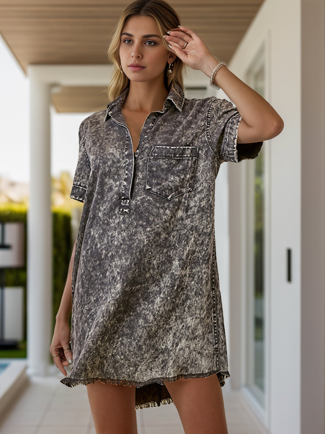 Pocketed Collared Neck Short Sleeve Denim Dress - felvior