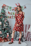 Christmas Asymmetrical Neck Long Sleeve Dress - felvior