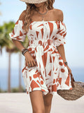 Printed Off-Shoulder Smocked Waist Dress - felvior