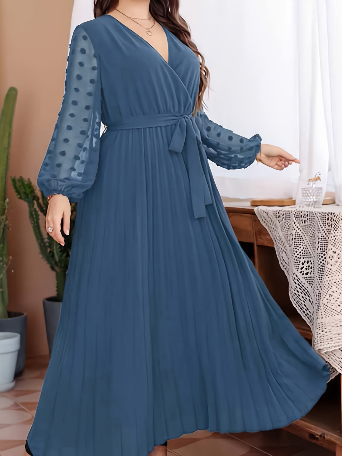 Plus Size Swiss Dot Tie Waist Maxi Dress - felvior
