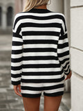 Striped Round Neck Top and Shorts Sweater Set - felvior