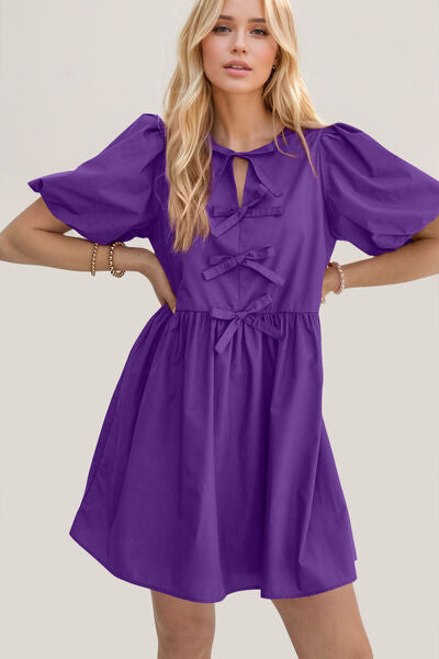 Oh Bow Ruched Puff Sleeve Mini Dress - felvior