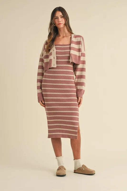 MABLE Stripe Crop Cardigan and Bodycon Dress Sweater Set - felvior