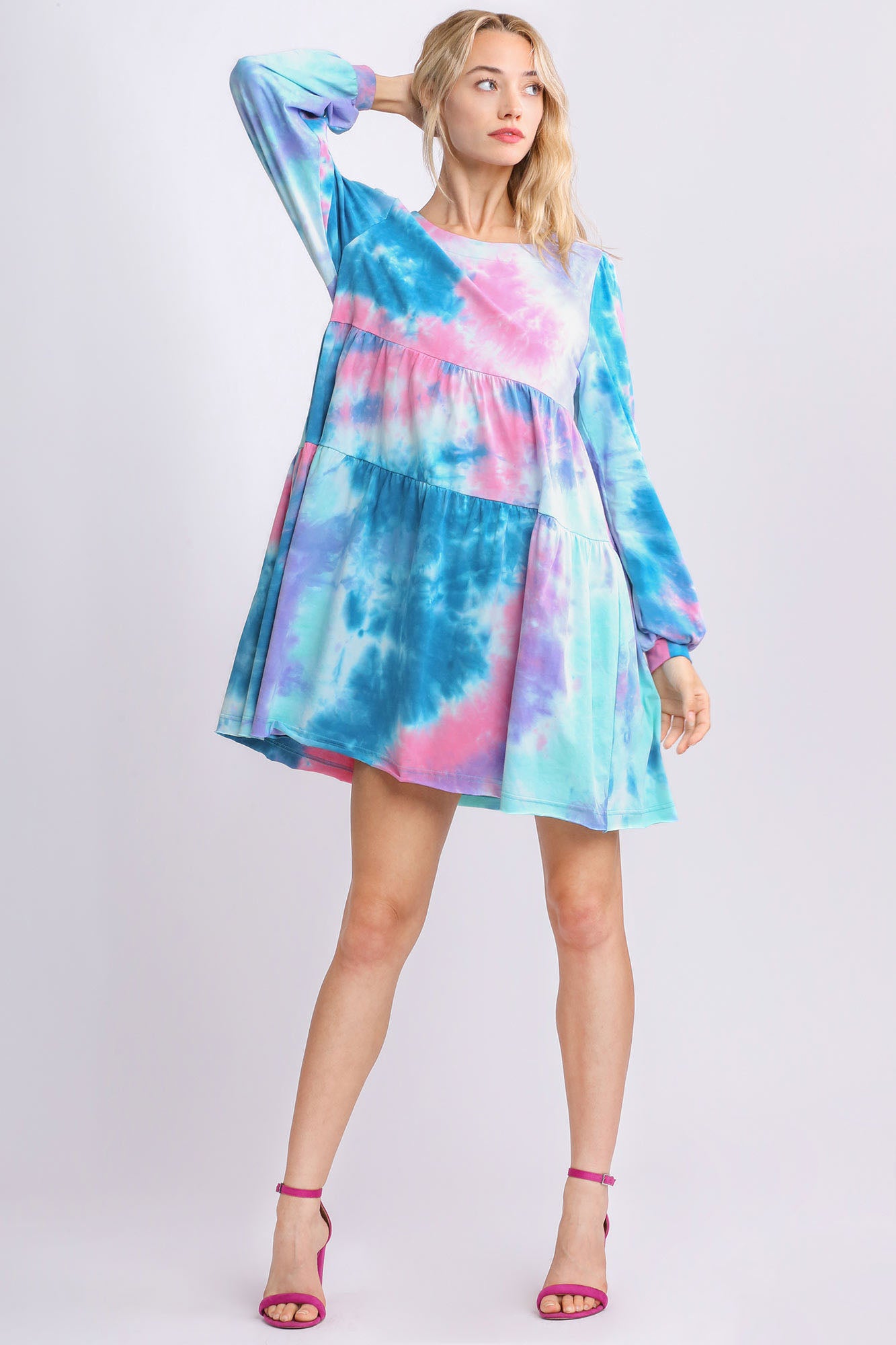 Umgee Full Size Tie Dye Round Neck Long Sleeve Babydoll Tiered Dress Plus Size Secondary image