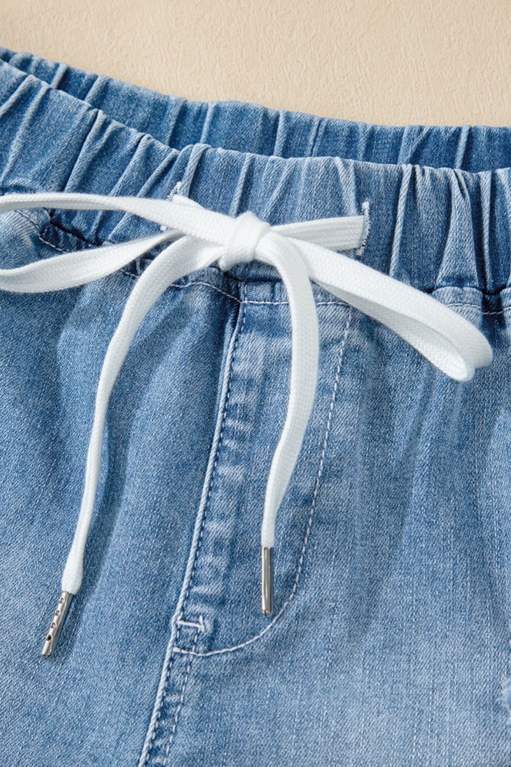 Drawstring High Waist Distressed Denim Shorts - felvior