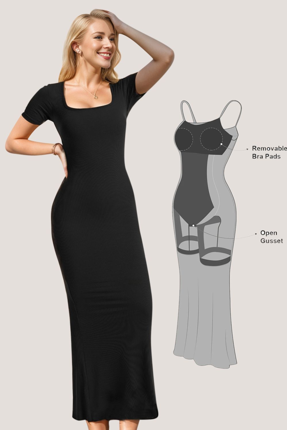 Basic Bae Built-In Shapewear Square Neck Short Sleeve Maxi Dress - felvior