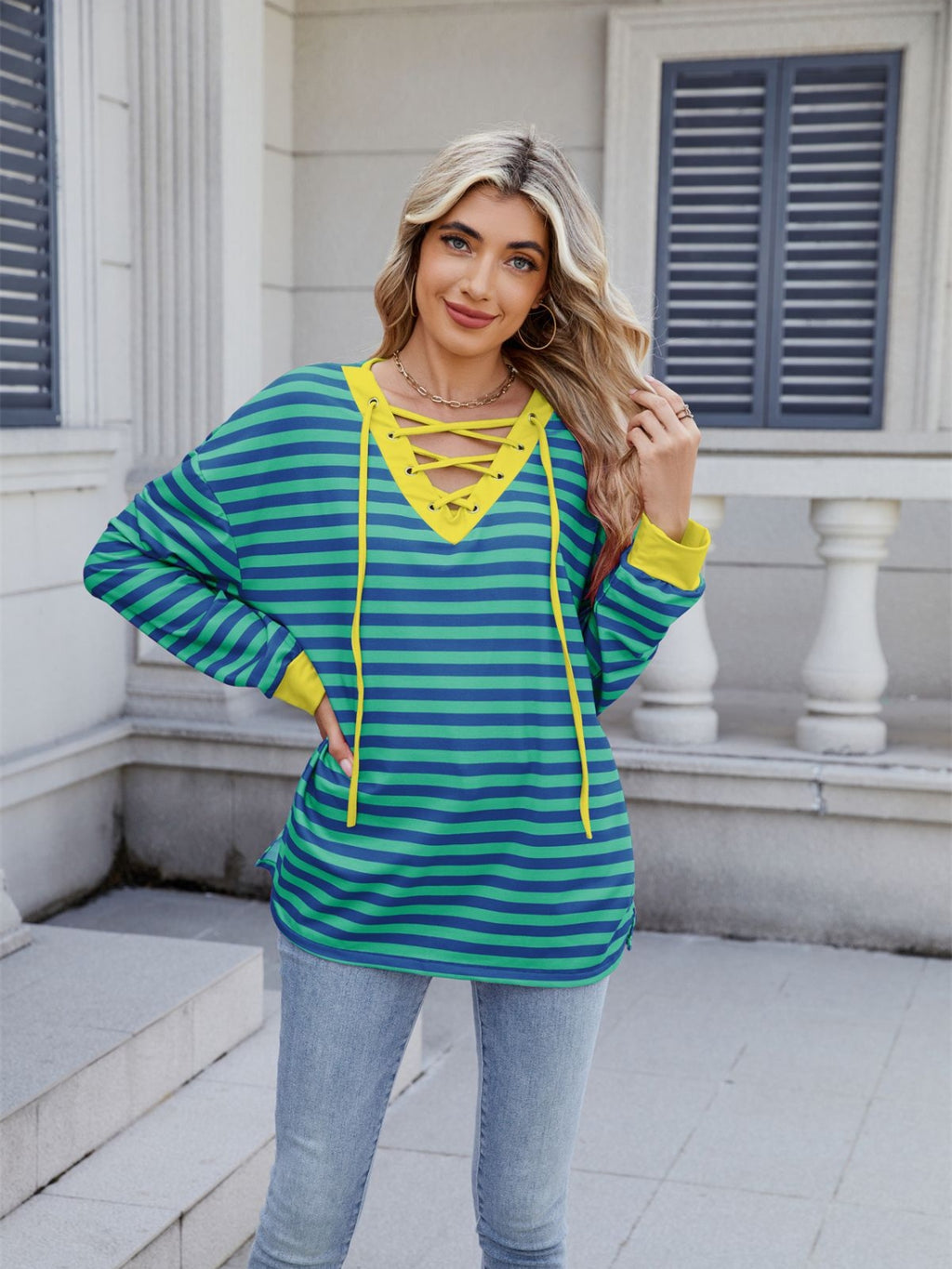 Lace-Up Striped Long Sleeve T-Shirt