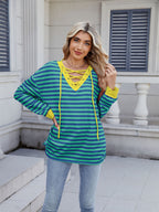 Lace-Up Striped Long Sleeve T-Shirt