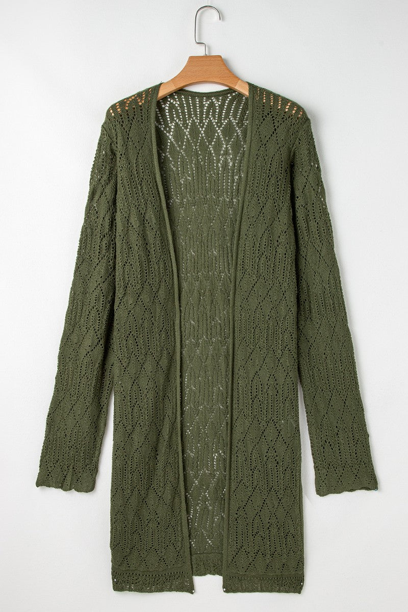Openwork Open Front Long Sleeve Cardigan - felvior