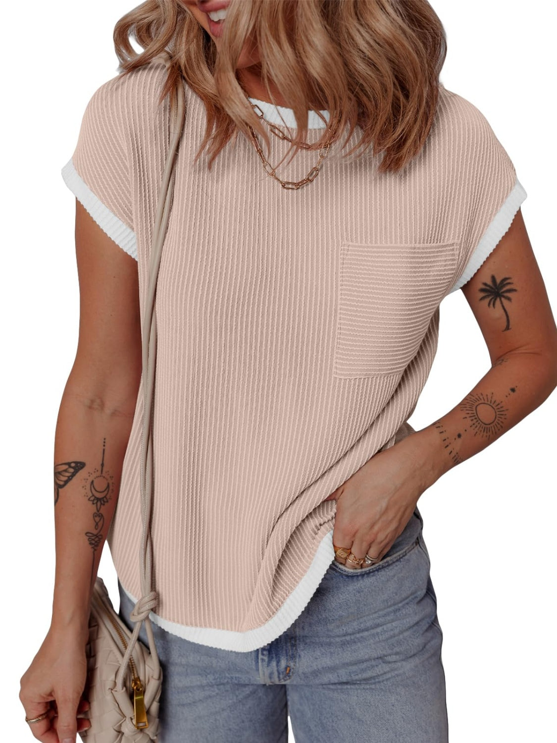 Contrast Trim Round Neck Short Sleeve T-Shirt - felvior