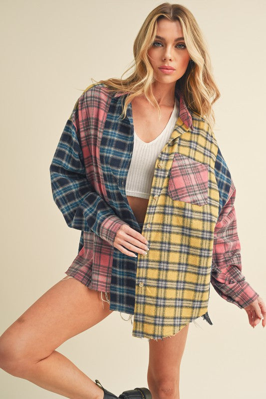 Aemi + Co Frayed Hem Color Block Plaid Drop Shoulder Shirt - felvior
